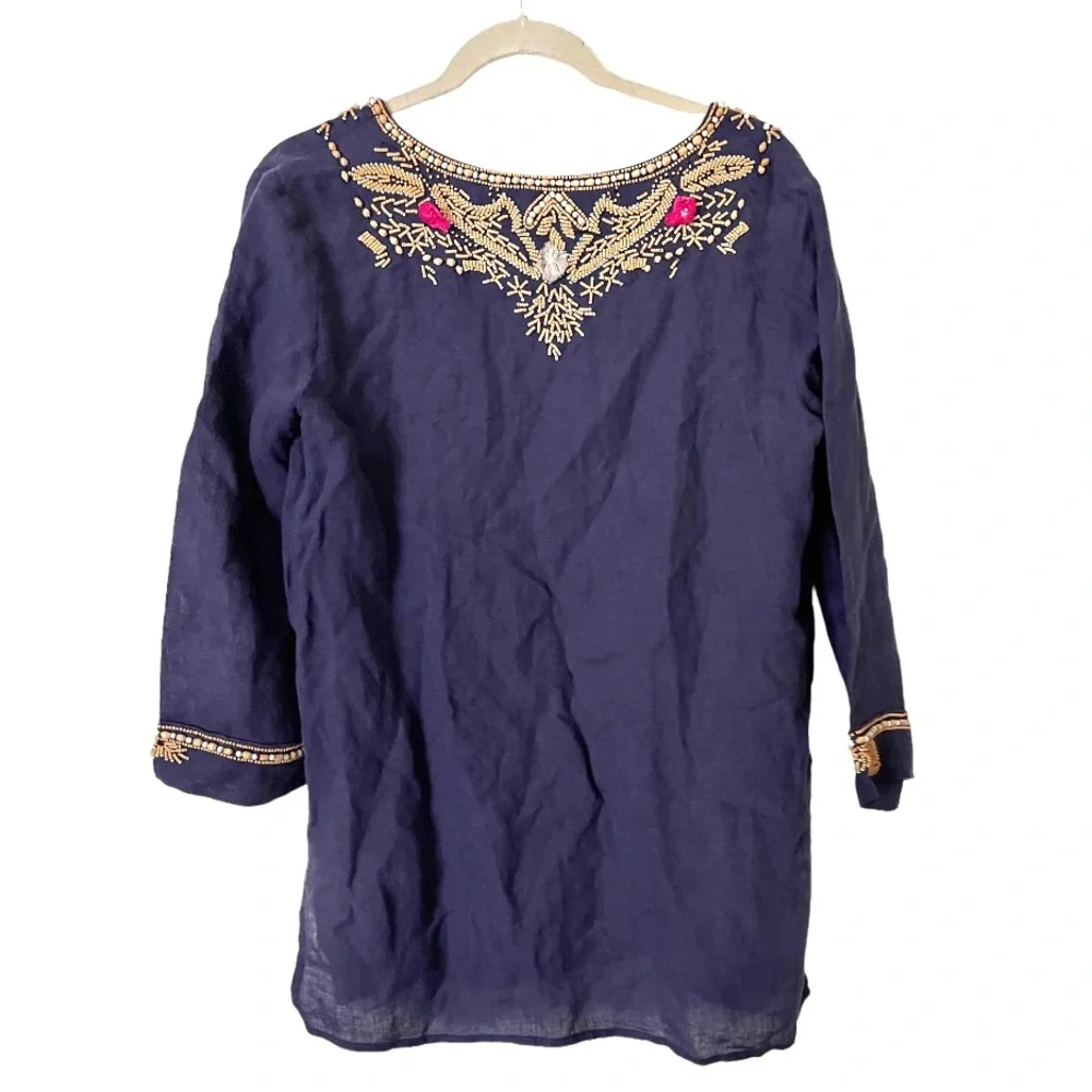 Calypso St. Barth Navy Blue Linen Wood Beaded Embroidered Tunic Top s‎ - Picture 10 of 10